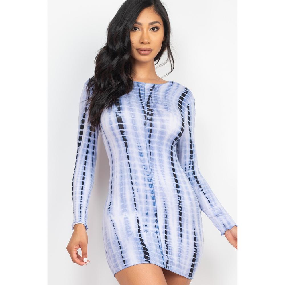 Tie-dye Printed Lettuce Trim Bodycon Dress - Picture 1 of 8